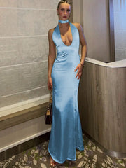 Sexy Sleeveless Satin Open Back Dress For Women Deep V Lace Up Slim Fit Evening Dress Female Elegant Party Club Vestidos