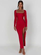 Long Sleeve Ruched High Split Maxi Dress Women Square Collar Drawstring Bodycon Sexy Party Long Dress Elegant Autumn