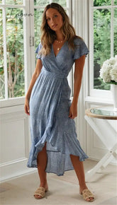 Ingvn - Fashion Trends Red dot Print Boho Long Chiffon Summer Beach Midi Dress Women Floral V-Neck Folds Ruffles Wrap Dresses Casual Split vestidos