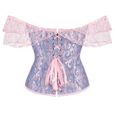 Voguable Womens Bustier Overbust Corselet Lace Up Short Sleeve Sheer Corset Bluse Costume Crop Top