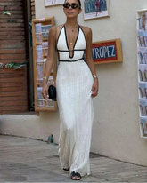 Sexy Elegant Halter Dress Women Summer Backless Lace-Up Color-Block Sleeveless Trendy Nightclub Wild Fashion Clothing