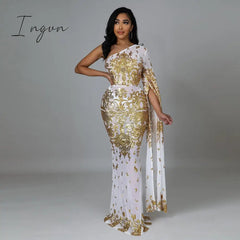 Ingvn - Sexy Mesh See Though Evening Dresses Sequins Women Dress Dress One Shoulder Night Party Clothing Skew Collar Vestidos