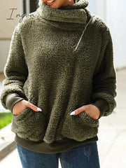 Ingvn - Women's Sweatshirt Pullover Fuzzy Teddy Pocket Quarter Zip Pink Green Khaki Solid Color Street V Neck Long Sleeve Fleece Top Micro-elastic Fall & Winter