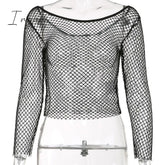 Ingvn - Hot Sell Hollow Out See Through Sexy Slash Neck Fishnet Mesh T-Shirts Women Cute Club Outfits Off Shoulder Long Sleeve Crop Tees