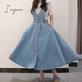 Ingvn - New Denim Dress Women Fashion Solid V Neck Sleeveless Backless With Button Pocket Mid Calf Cotton Strap Dress Office Lady