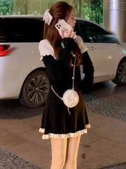 Autumn French Knitted Dresses for Women Elegant O-Neck Slim Ruffles Evening Party Mini Dress Female One Piece A-Line Vestidos
