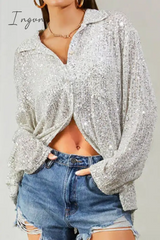 Ingvn - Casual Solid Sequins Sequined Turndown Collar Tops