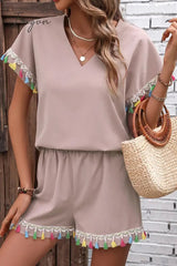 Ingvn - V-Neck Tassel Decor Top and Shorts Set