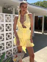Ingvn - Elegant Halter Flower Pleated Mini Dress Women Fashion Sleeveless Backless Ruffle Irregular Bodycon Sexy Dress Vestidos