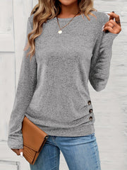 Button Decor Ruched T-Shirt, Casual Long Sleeve Top For Spring & Fall, Women's Clothing