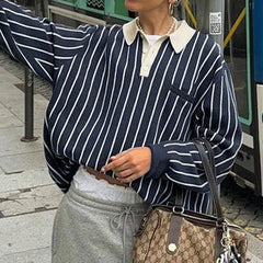 Preppy Style Loose Sweatshirt Y2k Streetwear Patchwork Full Sleeve Turn-down Neck Hoodies Women Casual Vintage Pullovers