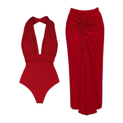 Red Flower One Piece Swimwear With Cover Up Trend Swimsuit 2025 Sexy Biquini Luxury Woman Swimsuit Beach Outing Bodysuit Bathsui