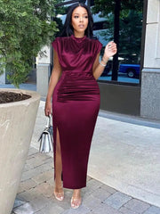 Ingvn - Women Dress Pleated Long Wine Red Elegant Slit High Collar Slim Fit Sleeveless Maxi Robes Female Shiny Gowns Party 2023 Spring