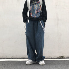 Voguable Fashion Individuality Japanese-style Jean Men Loose Stripe Denim Pant Bule/Black Man and Women Hip hop Streetwear Trouser