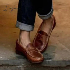 Ingvn - Women Vintage Slip On Loafers Low Heel Pu Leather Loafers