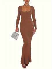 Sexy Bodycon Maxi Dresses Long Sleeve Wedding Guest Long Dress Casual Rib Knit Scoop Neck Fall Dress