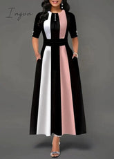 Ingvn - Ladies Fashion Half Sleeve Dress Women Elegant Round Collar Geometric Printing Splicing Temperament Maxi Dress For Ball Party
