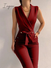 Ingvn - New Solid Casual Women Summer Jumpsuits V-Neck Lace-Up Sleeveless Wide Leg Pants Button Ladies Bodysuits Streetwear