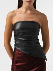 Mozision Off-shoulder Strapless PU Leather Sexy Tops Women Fashion Zipper Backless Sleeveless Ruched Irregular Club Crop Tops