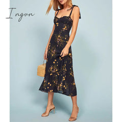 Ingvn - Dresses For Women Elegant Vintage Floral Dress Frill Sweetheart Neck Sleeveless Strap Tie Ruffle Hem Summer Beach Dress