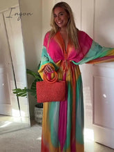 Ingvn - Tie-dye Print Colorful Batwing Sleeve Women Long Dress V-neck Lace Up Elastic High Waist Vestidos Summer Party Streetwear Robes