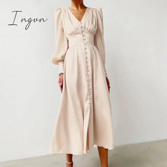 Ingvn - Beige Single Breasted Sexy Dress Party Clud High Waist Satin Long Dress Elegant V Neck Women Midi Dresses Lantern Sleeve