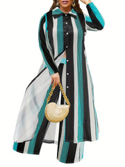 Plus Size Fashionable Outfits Set, Women's Plus Striped Button Up Long Sleeve Shirt Dress & Wide Leg Pants Outfits Two Piece Set