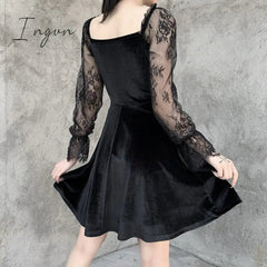 Ingvn - Halloween Gothic Lolita Dress,Lace Mini long sleeves Black Lace Draped Bodycon Goth Vintage Birthday for Women