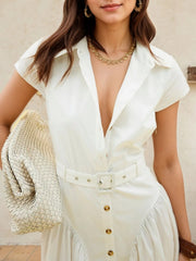 Button-Front Cap Sleeve Midi Shirt Dress