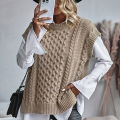 Plus Size Twist Textured Sweater Vest - Casual, Side Split, Crew Neck, Knitted, Soft, Cozy, and Chic Women's Clothing for Everyday Wear