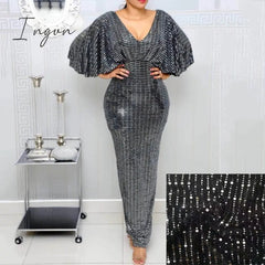 Ingvn - Summer Sexy Club Luxury Gray Party Women Long Pencil Dresses Tunic High Waist Backless Female Sequin Glitter Evening Maxi Dress