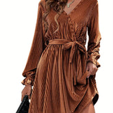 Womens Wedding Guest Dresses V Neck Wrap Dress with Belt Ruffle Lantern Sleeve Velvet Wrap Dresses