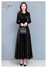 Ingvn - High Quality Fashion Vintage Velvet Dress Winter Dresses Women Long Sleeve Evening Party Dress For Middle Age Mom Vestidos