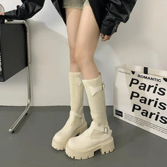Ingvn Street Style Knee-High Women Boots Fashion Platform Square Heels Shoes Female Knight Long Booties Zapatos De Mujer