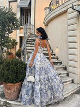 Elegant Blue Print Lace-up Maxi Dress Women Fashion Square Collar Sleeveless High Waist Dresses Ladies Evening Party Robes