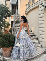 Elegant Blue Print Lace-up Maxi Dress Women Fashion Square Collar Sleeveless High Waist Dresses Ladies Evening Party Robes
