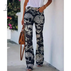Ingvn - Women's Flared Pants Bell Bottom Pants Trousers Faux Denim Blue Red & White Purple Fashion Halloween Weekend Side Pockets Print Micro-elastic Full Length Comfort Skull S M L XL XXL