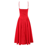 Women Sexy Spaghetti Straps Red Evening Party Dresses Pretty Girl Low Waist Flare And Flare Birthday Dresses Cotton