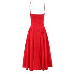 Women Sexy Spaghetti Straps Red Evening Party Dresses Pretty Girl Low Waist Flare And Flare Birthday Dresses Cotton