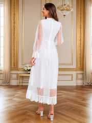 Contrast Lace Mock Neck Overlay Dress, Elegant Long Sleeve Sheer Midi Dress For Wedding Party, Women's Clothing