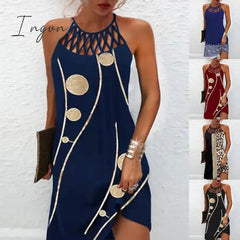 Ingvn - Women's Casual Dress Halter Neck Dress Midi Dress Leopard Black Wine Sleeveless Geometric Cut Out Summer Spring Halter Fashion Vacation 2023 S M L XL XXL 3XL