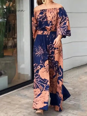 Ingvn - Women's Shirt Pants Sets Blue Floral Print Long Sleeve Casual Daily Fashion Off Shoulder Regular Fit Spring & Fall