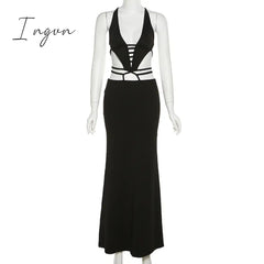 Ingvn - Sexy Bandage Hollow Out Slip Maxi Dress for Women Party Club Elegant Outfits Summer Holiday Backless Dresses Slim