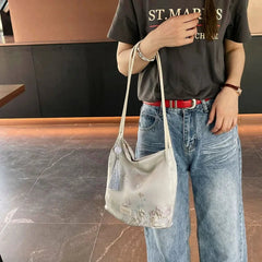 Ingvn Floral Embroidery Bucket Handle BagWomen Hanfu Collocation Butterfly PU Strap Satin Shoulder Bag