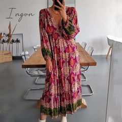Ingvn - Women Fashion Pattern Printed Dress Autumn Office Casual Long Sleeve Pleated Dress Lady Vintage Loose High Waist Dresses Vestido