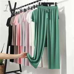 Ingvn - Female Home Clothes 2 Pieces Set Lady Home Suit Summer Women Lounge Wear Autumn Loose Homewear Suit for Women Pajamas Pants Set