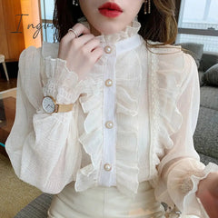 Ingvn - Woman Chic Long Sleeve Stand Collar Blouses Women Casual Loose White Tops Korean Lace Ruffles Elegant Chiffon Shirt Blusas