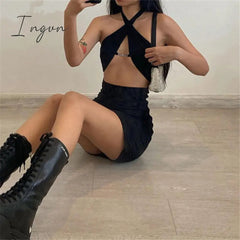 Ingvn - Woman Dress y2k Gothic Mini Dresses Sexy Deep V Neck e girl Streetwear Halter Black New Trendy 90s Vintage Christmas Party