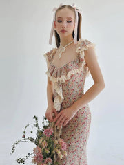 High Slits Colorful Maxi Dress Women Bandage Patchwork Lace Folds Irregular Low-Neck Sweet Skinny Temperament Vestidos