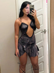 Hollow Out Spaghetti Strap Sexy Mini Dress For Women Off-shoulder Strapless Ruffled Ruched Skinny Split Dress Vestido